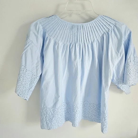 J. Crew Blue Eyelet Top Pleated Detail Full Sleeves - Picture 3 of 5